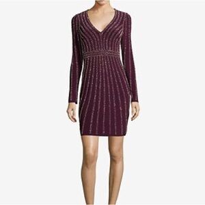 Xscape Purple Ribbed Long Sleeve V-Neck Dress